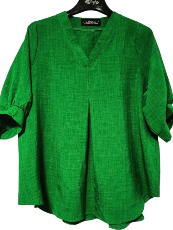Cherie Bliss Tops - L🍀Viscose V-Neck Short Sleeve Blouse in Kelly Green